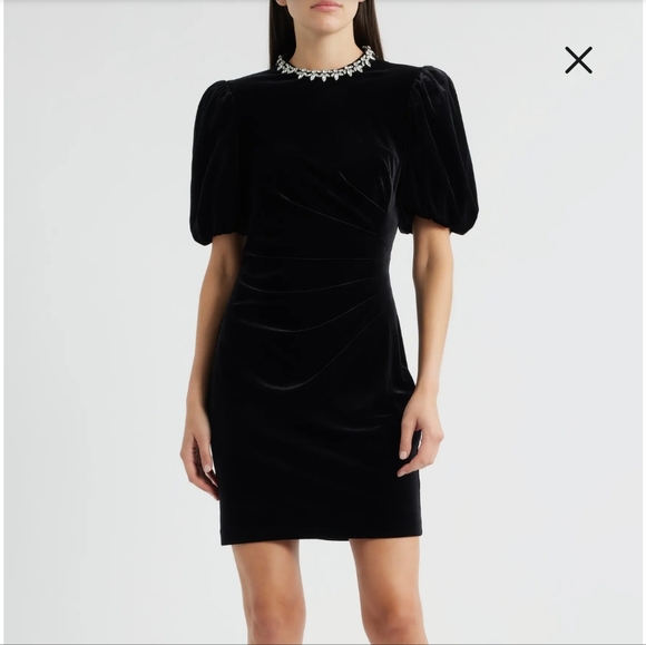 Eliza J Dresses & Skirts - Eliza J Jeweled Neck Black Velvet Puffer Sleeve Dress Size 4